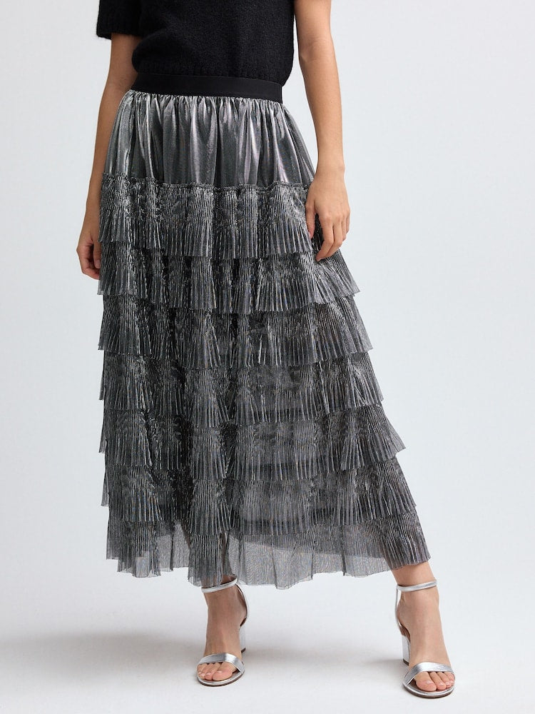 Silver Mesh Tulle Midi Skirt