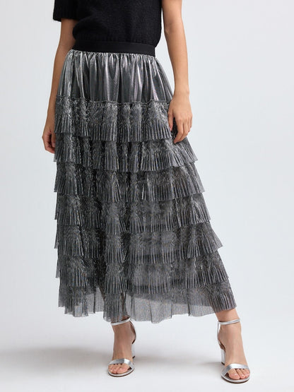 Silver Mesh Tulle Midi Skirt