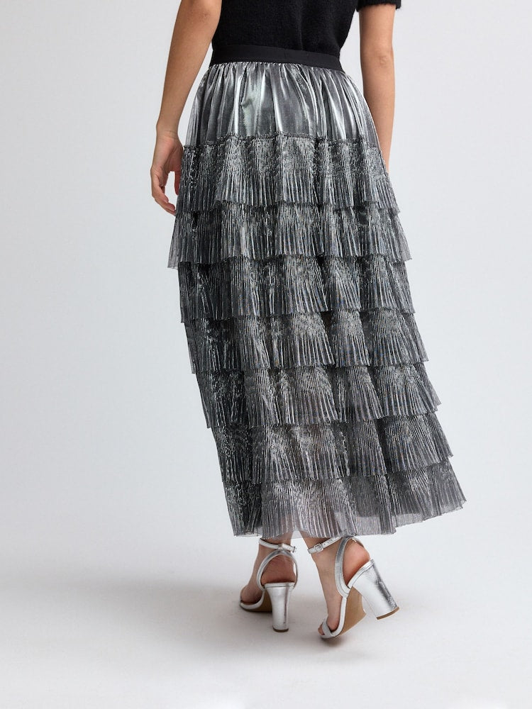 Silver Mesh Tulle Midi Skirt
