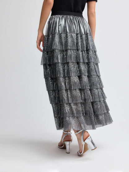 Silver Mesh Tulle Midi Skirt
