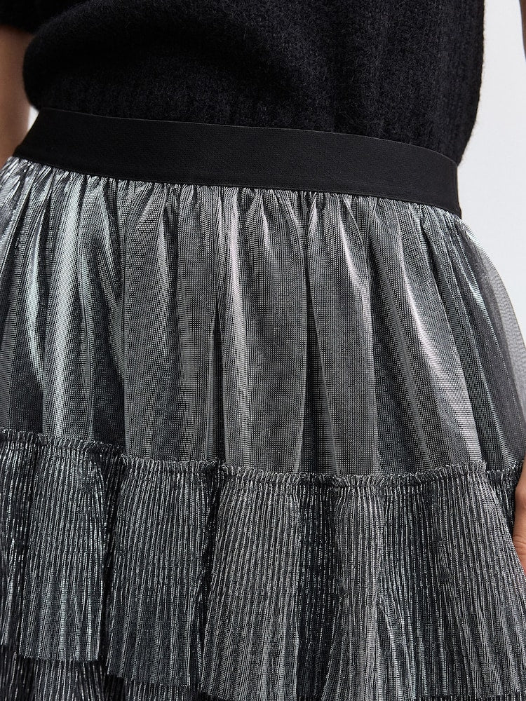 Silver Mesh Tulle Midi Skirt
