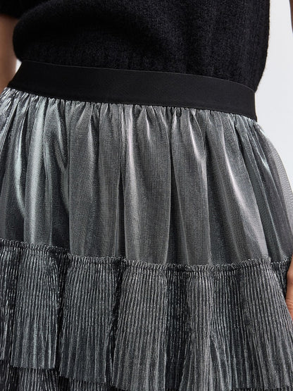 Silver Mesh Tulle Midi Skirt