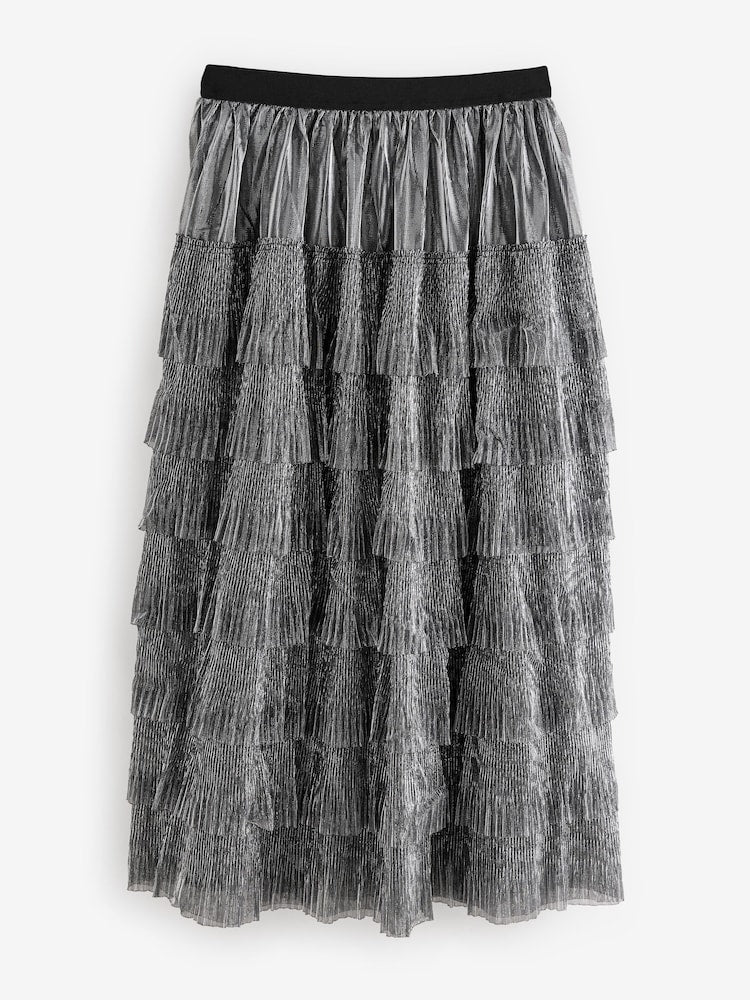 Silver Mesh Tulle Midi Skirt