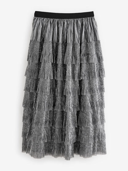 Silver Mesh Tulle Midi Skirt