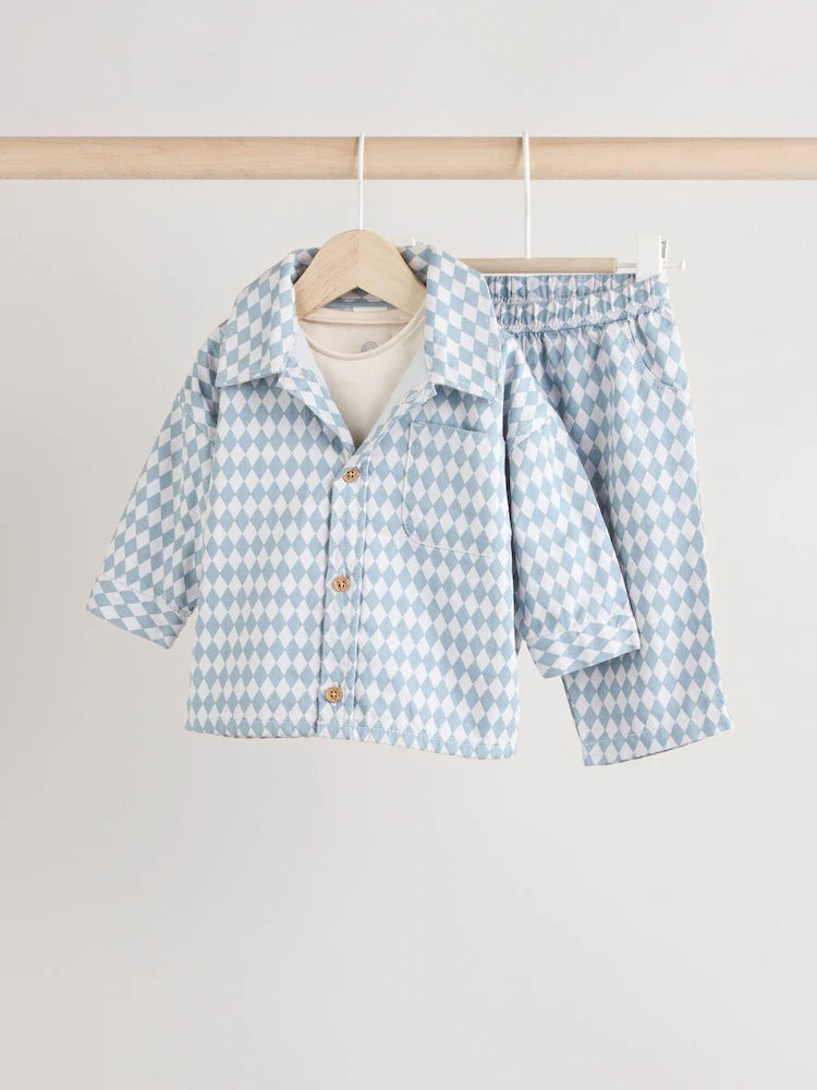 Blue Harlequin Baby Shirt And Trousers 100% Cotton Set 3 Piece