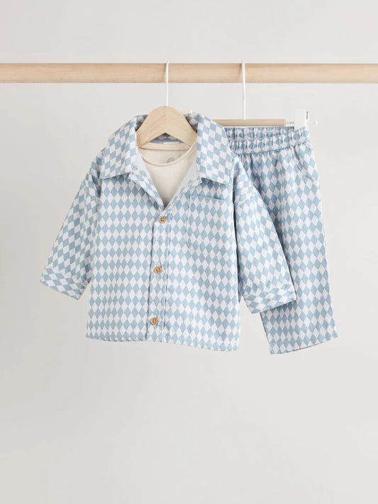 Blue Harlequin Baby Shirt And Trousers 100% Cotton Set 3 Piece