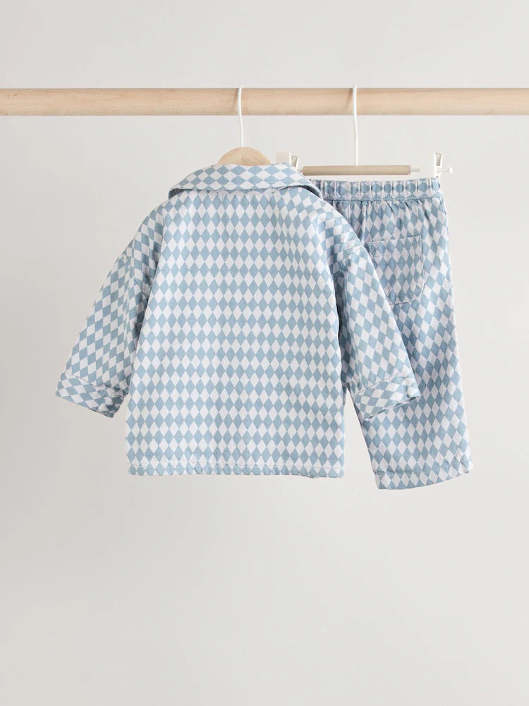 Blue Harlequin Baby Shirt And Trousers 100% Cotton Set 3 Piece