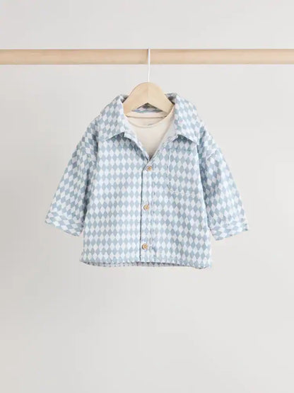 Blue Harlequin Baby Shirt And Trousers 100% Cotton Set 3 Piece