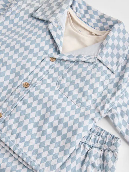 Blue Harlequin Baby Shirt And Trousers 100% Cotton Set 3 Piece