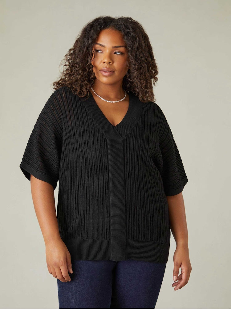 Black Curve Open Stitch Knitted Kaftan Jumper