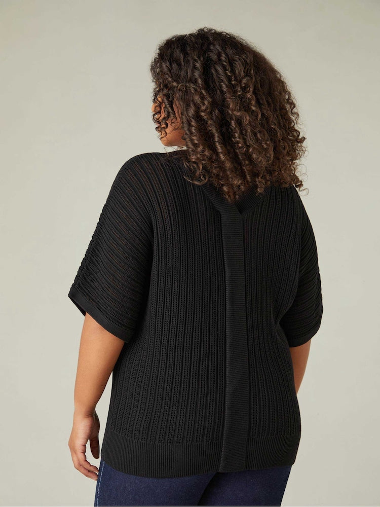 Black Curve Open Stitch Knitted Kaftan Jumper