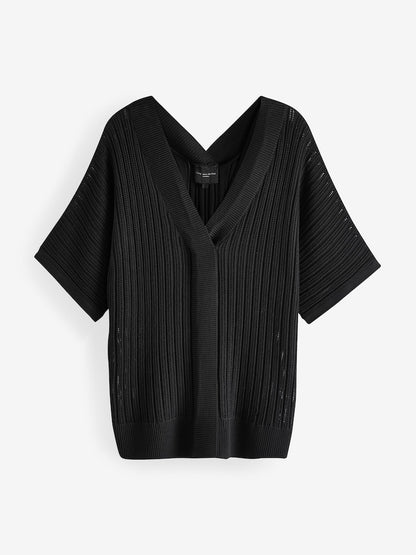Black Curve Open Stitch Knitted Kaftan Jumper