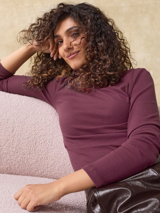 Burgundy Red Long Sleeve Ribbed Ribbed Roll Neck Top