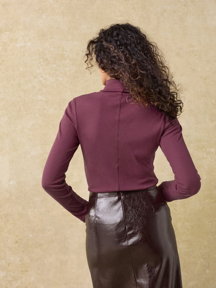 Burgundy Red Long Sleeve Ribbed Ribbed Roll Neck Top