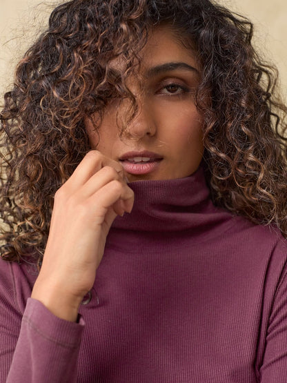Burgundy Red Long Sleeve Ribbed Ribbed Roll Neck Top