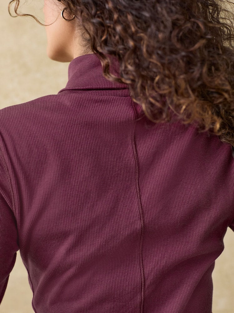Burgundy Red Long Sleeve Ribbed Ribbed Roll Neck Top