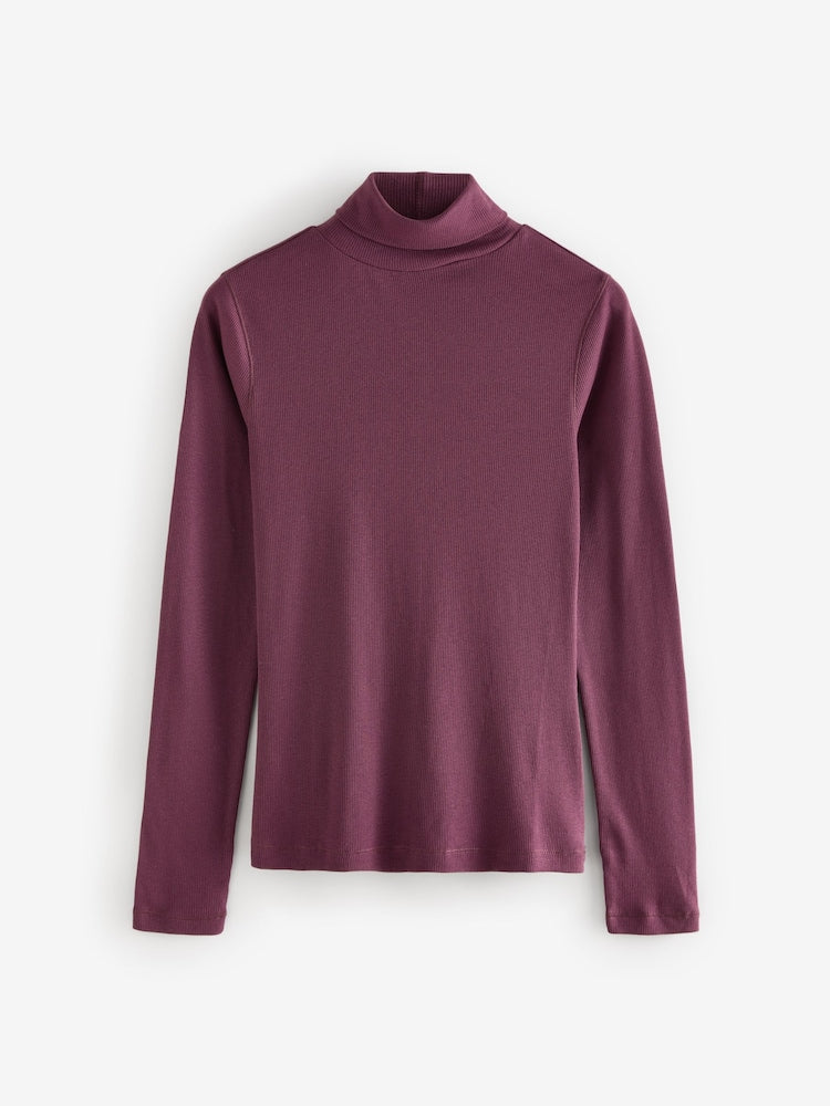 Burgundy Red Long Sleeve Ribbed Ribbed Roll Neck Top