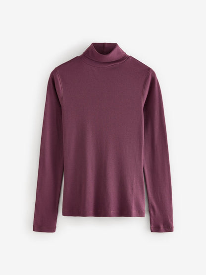 Burgundy Red Long Sleeve Ribbed Ribbed Roll Neck Top