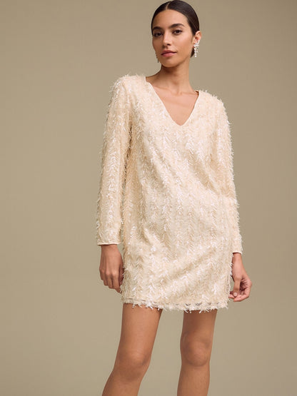 Pastel Pink Long Sleeve V- Neck Fringe Sequin Mini Dress