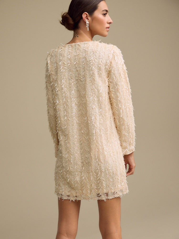 Pastel Pink Long Sleeve V- Neck Fringe Sequin Mini Dress
