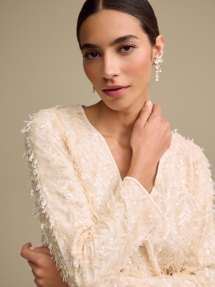 Pastel Pink Long Sleeve V- Neck Fringe Sequin Mini Dress