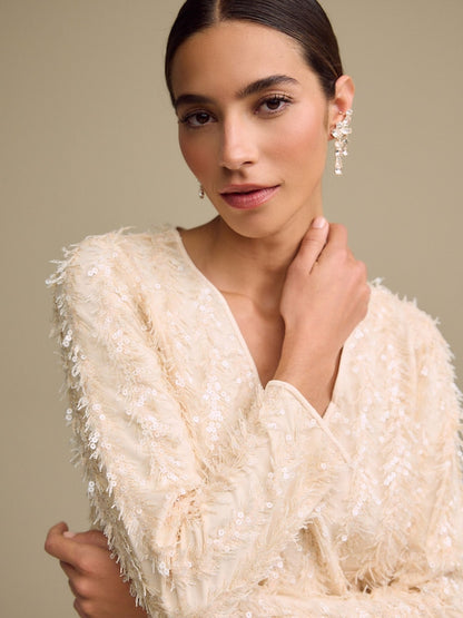 Pastel Pink Long Sleeve V- Neck Fringe Sequin Mini Dress
