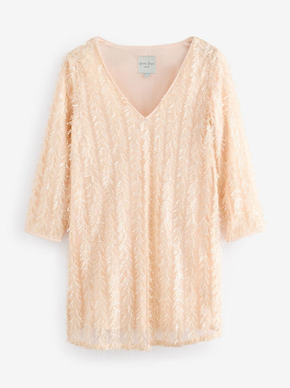 Pastel Pink Long Sleeve V- Neck Fringe Sequin Mini Dress