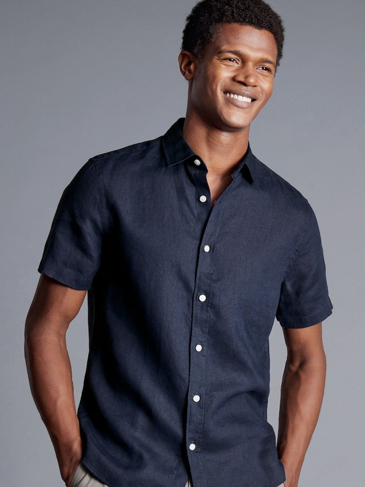 Pure Linen Short Sleeve Slim fit Shirt - Navy