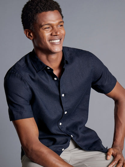 Pure Linen Short Sleeve Slim fit Shirt - Navy