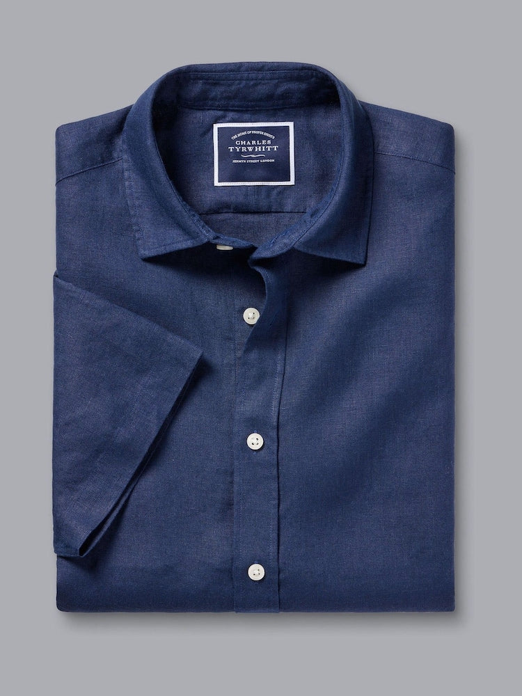 Pure Linen Short Sleeve Slim fit Shirt - Navy