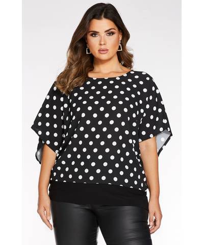Curve Polkadot Print Boxy Batwing Sleeve Top