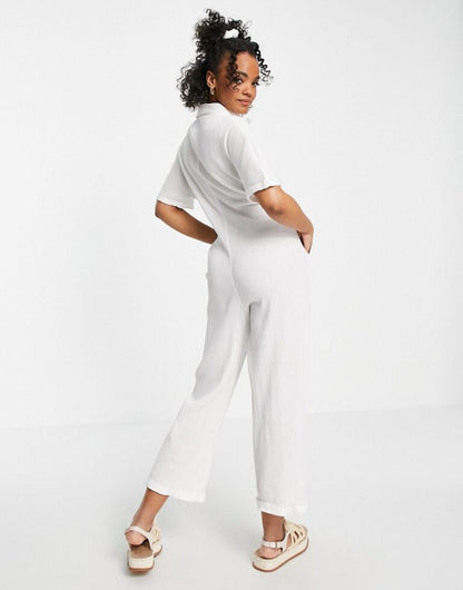 Button Through Chuck On Shirt Jumpsuit In White