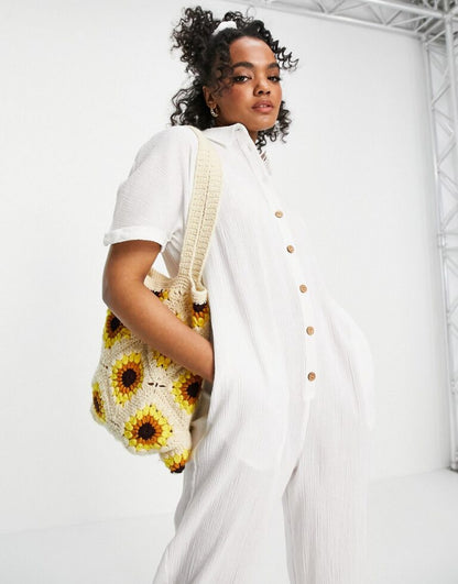 Button Through Chuck On Shirt Jumpsuit In White