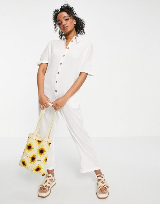 Button Through Chuck On Shirt Jumpsuit In White