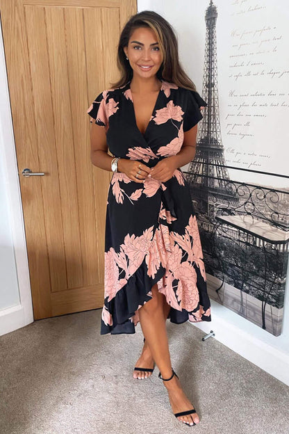 Blush and Black Floral Print Wrap Midi Dress