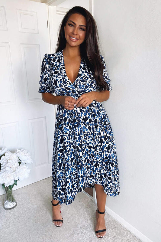 Blue Printed Wrap Tie Midi Dres