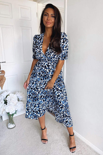 Blue Printed Wrap Tie Midi Dres