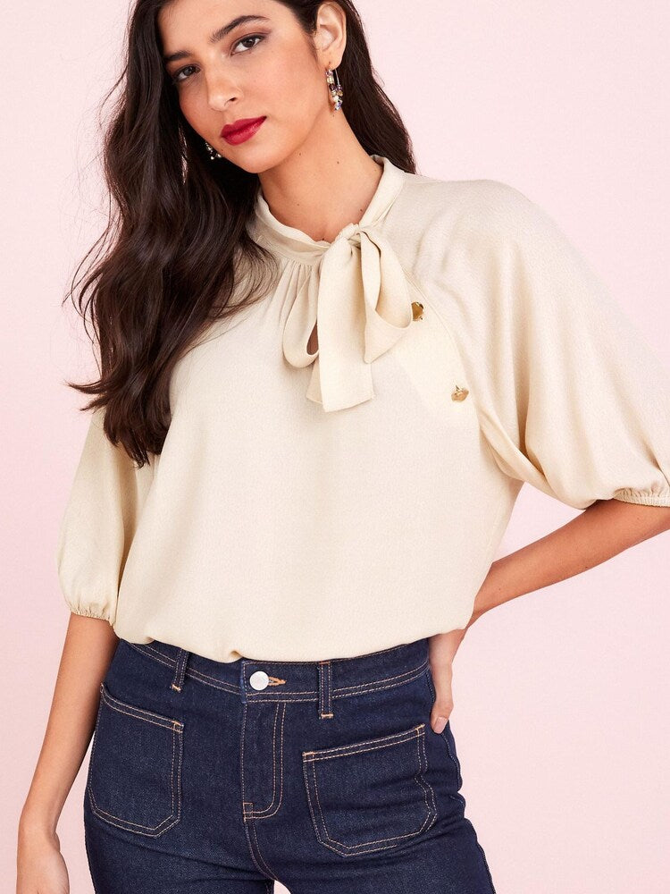 Cream Floral Tie Neck Button Short Sleeve Blouse