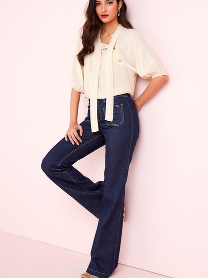 Cream Floral Tie Neck Button Short Sleeve Blouse