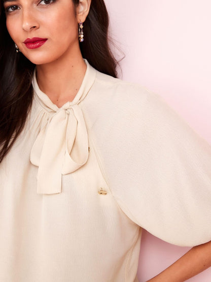 Cream Floral Tie Neck Button Short Sleeve Blouse