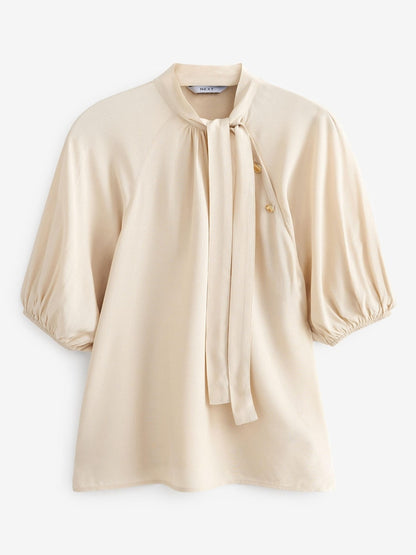 Cream Floral Tie Neck Button Short Sleeve Blouse