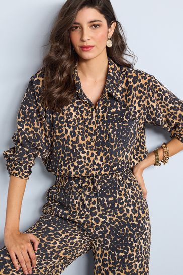 Animal Print Textured Long Sleeve Shirt