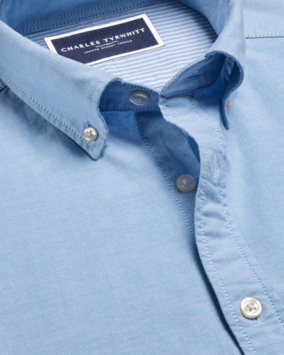 Button-Down Collar Washed Oxford Short Sleeve Classic Fit Shirt Blue