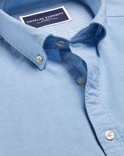 Button-Down Collar Washed Oxford Short Sleeve Classic Fit Shirt Blue