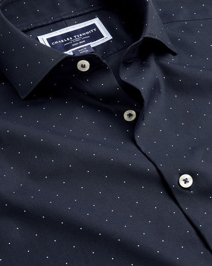 Semi-Cutaway Collar Non-Iron Stretch Spot Print Slim Fit Shirt - Navy