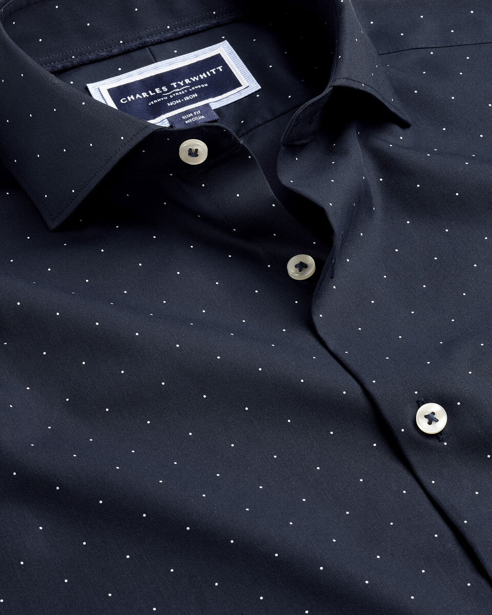 Non-Iron Stretch Poplin Spot Print Slim Fit Shirt - Navy