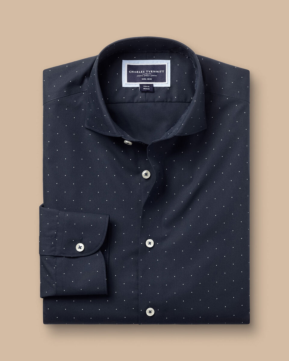 Semi-Cutaway Collar Non-Iron Stretch Spot Print Slim Fit Shirt - Navy