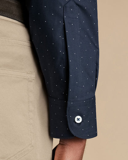 Non-Iron Stretch Poplin Spot Print Slim Fit Shirt - Navy