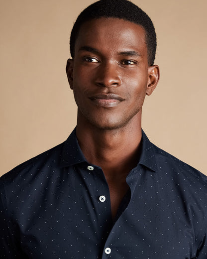 Non-Iron Stretch Poplin Spot Print Slim Fit Shirt - Navy