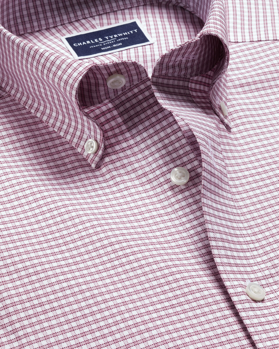 Slim Fit Button-Down Collar Non-Iron Stretch Oxford Check Shirt - Claret Pink
